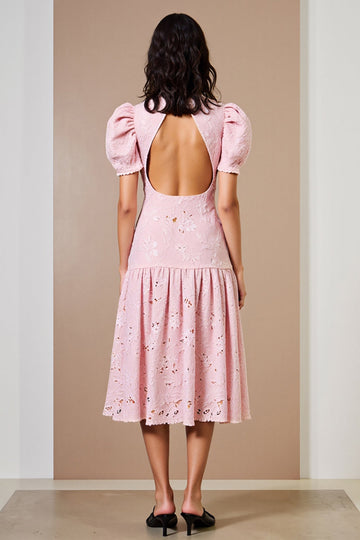 Floral Rose Col Haut Une Ligne Midi Robe avec manches bouffantes